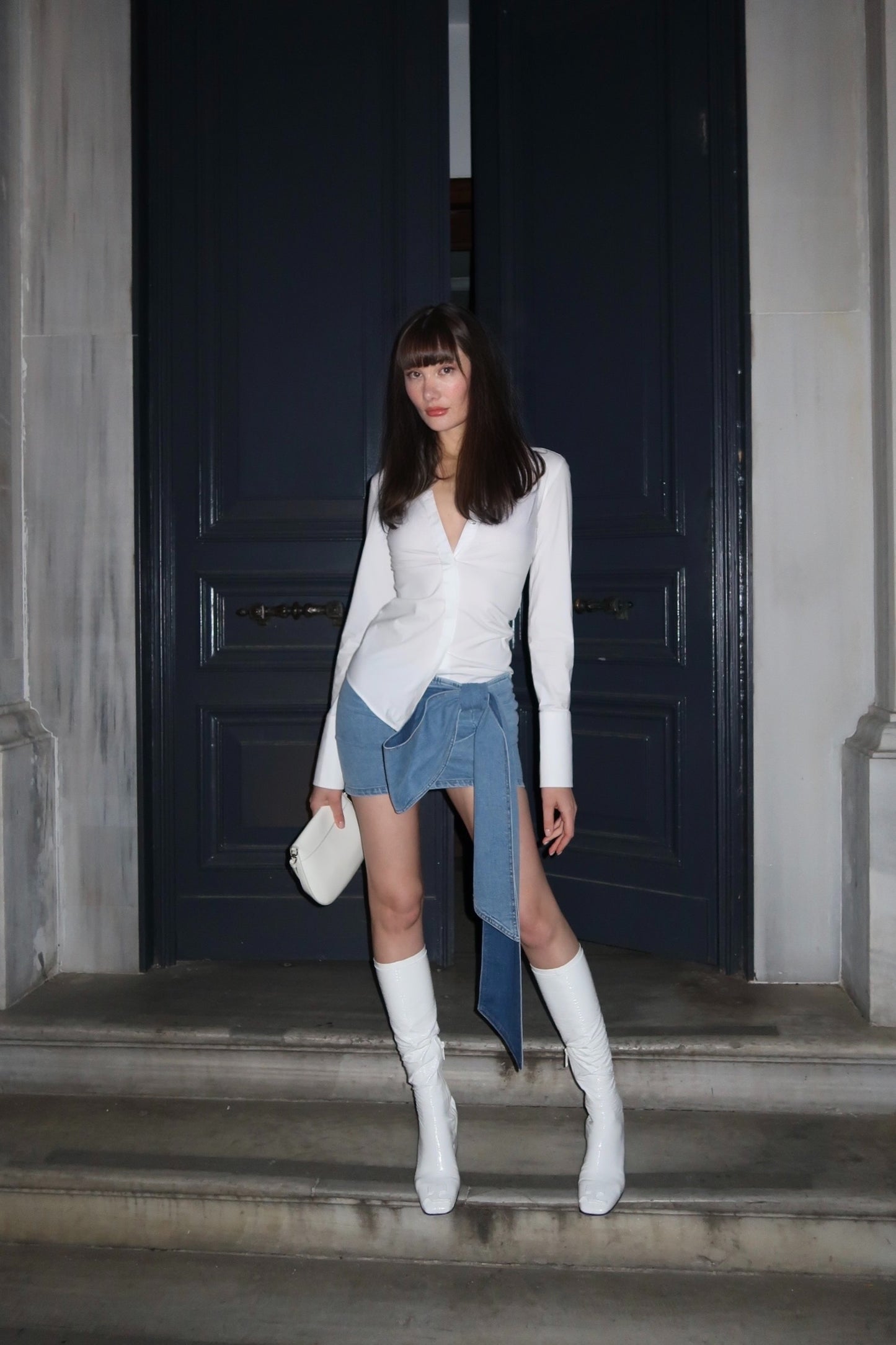 Blumarine oversize-bow denim mini skirt