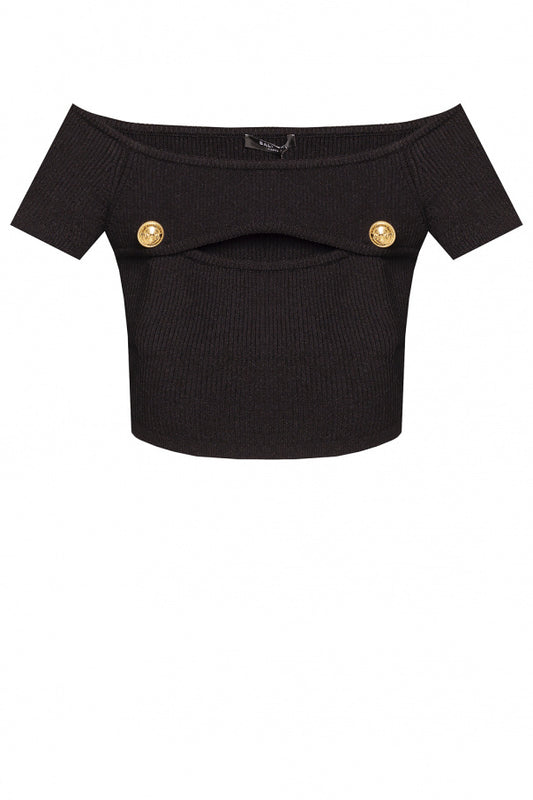 Balmain Black Off-the-shoulder Cropped Tank Top